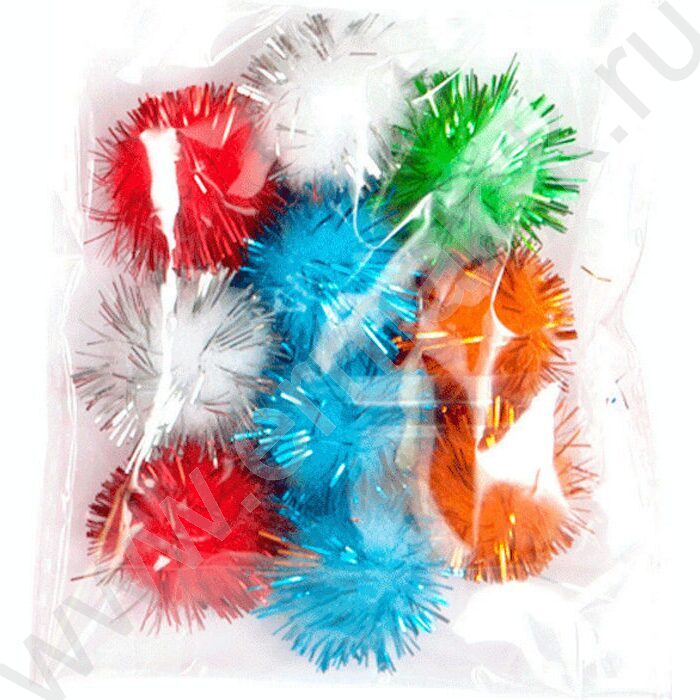 Помпоны пушистые с блестками d-20мм 10шт + пушист проволока с блест 30*0,6см цвет ассорти /блист | Фото 1