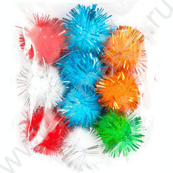 Помпоны пушистые с блестками d-20мм 10шт + пушист проволока с блест 30*0,6см цвет ассорти /блист | Фото 2