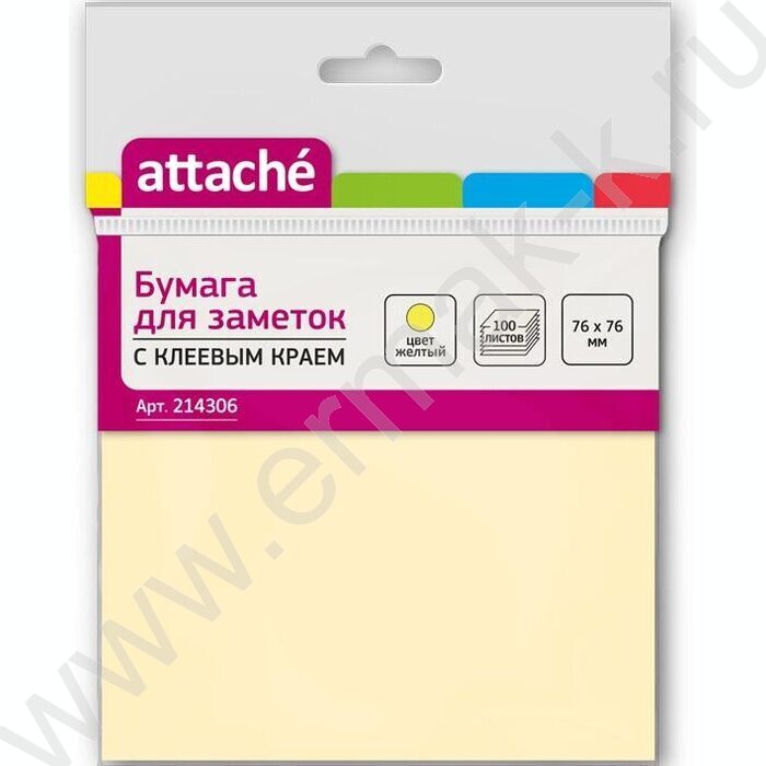 Бумага д/записей  76*76мм /100л, 62г/м², жёлтая с липким краем Z-сложения | Фото 1