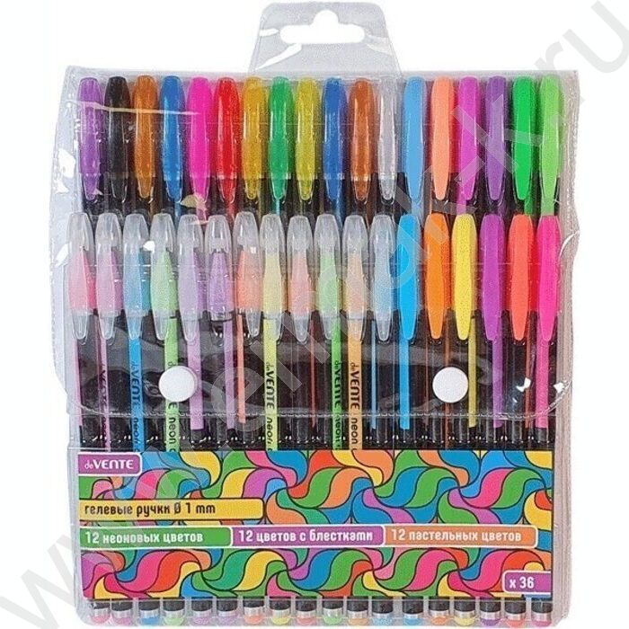 Ручка гелевая /набор 36цв/ 1мм "Neon Black" /черный корпус с цветными полосами / блистер | Фото 1