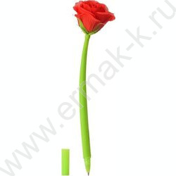 Ручка шар синяя Красная роза/прорезиненный корпус зелёного цвета, наконечник цветок | Фото 1