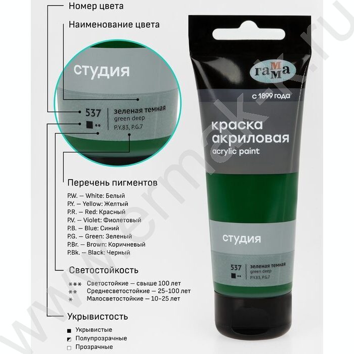 Краска акриловая 75мл "Студия", зеленая темная /пластик. туба | Фото 6
