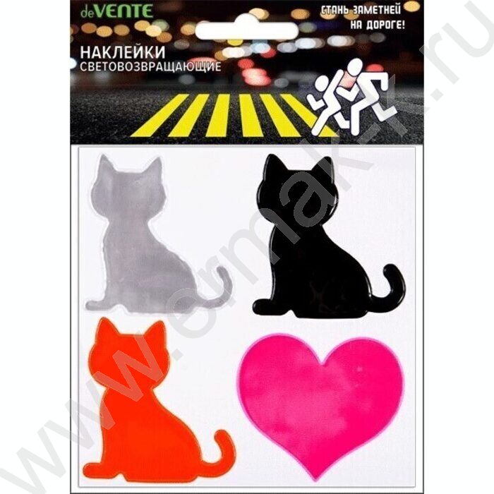 Наклейки светоотражающие Коты, 60*60мм, 4шт., ассорти цветов, европодвес | Фото 1