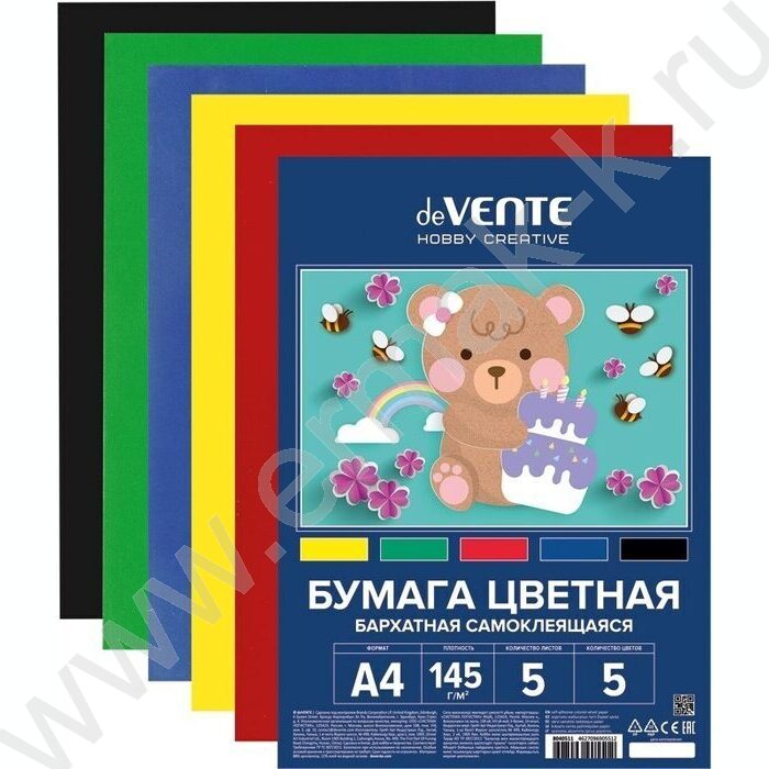 Бумага цв. самокл бархатная А4  5л/5цв европодвес | Фото 1