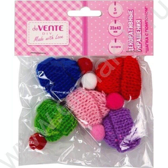 Декоративные украшения из ткани "Шапочка с помпоном" 5шт 35*43мм, цвета ассорти /блистер | Фото 1