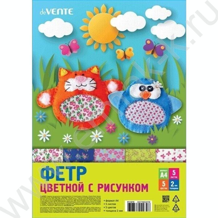 Фетр А4 с дизайном "Цветочный паттерн" 2мм  5цв/5л /мягкий /пл.пакет с европодвесом | Фото 1