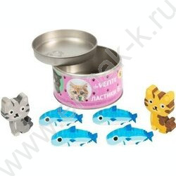 Ластик цветной "Need More Cats" /набор 6шт/ 2 котёнка и 4 рыбки /жестян. баночка | Фото 1