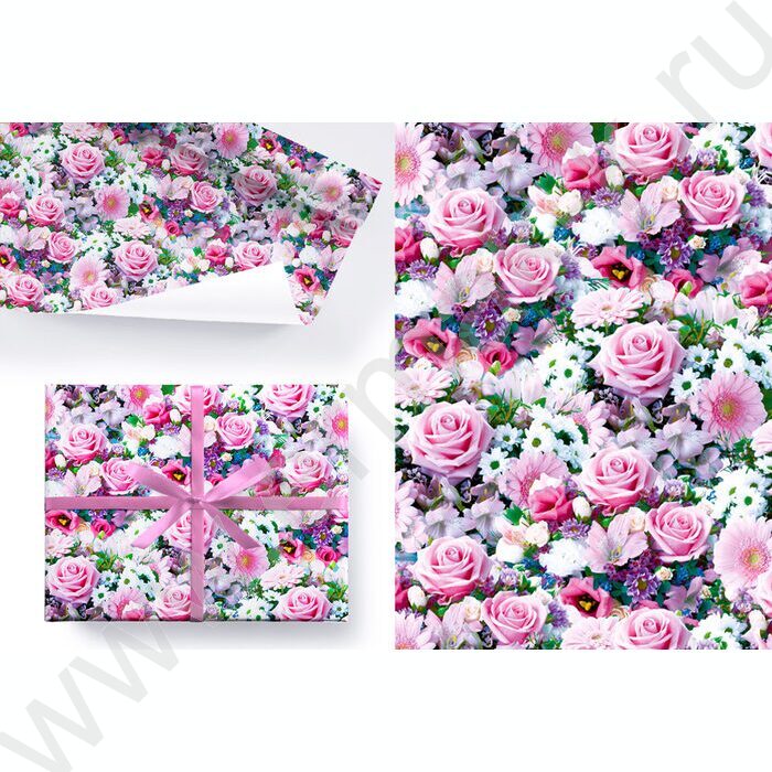 Бумага упаковочная глянцевая 100см*70см Цветы Лиловые розы/80гр/м2 | Фото 1