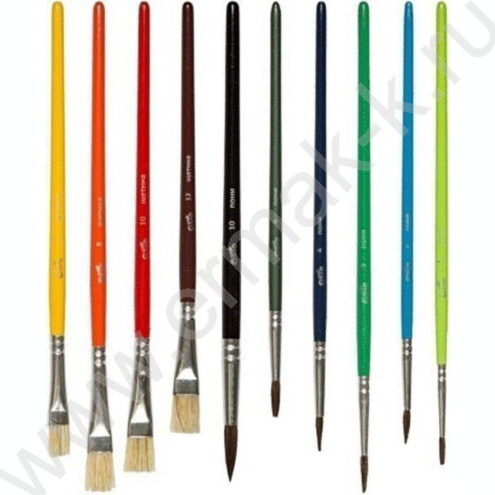 Кисть набор 10шт /пони круг. № 1, 2, 3, 4, 6, 10, щетина плоские № 6, 8, 10, 12/ "Cosmo" | Фото 2