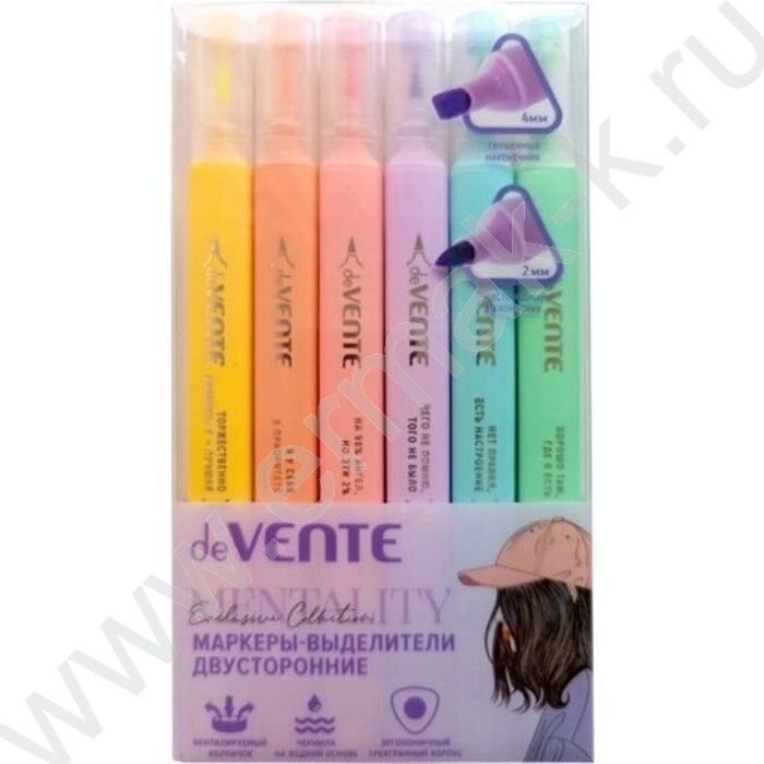 Текстовыделитель /набор  6цв/ двусторонние (кисть 2 мм/косой 4 мм "Mentality", трёхгранный корпу | Фото 1