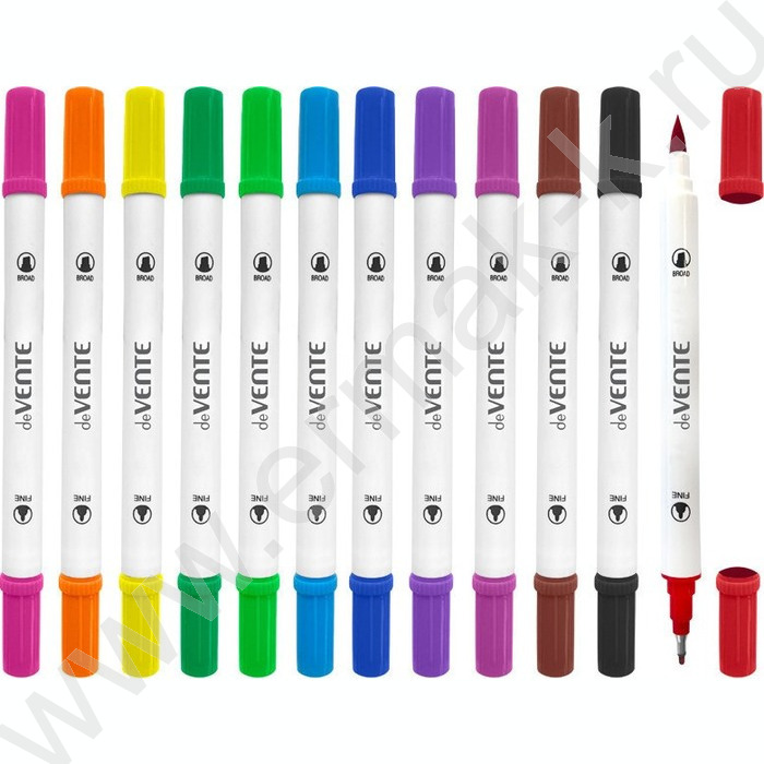 Маркер акварельный /набор  12цв/ двусторонний: кисть до 2мм и круг до 0,4мм, круглый корпус | Фото 1