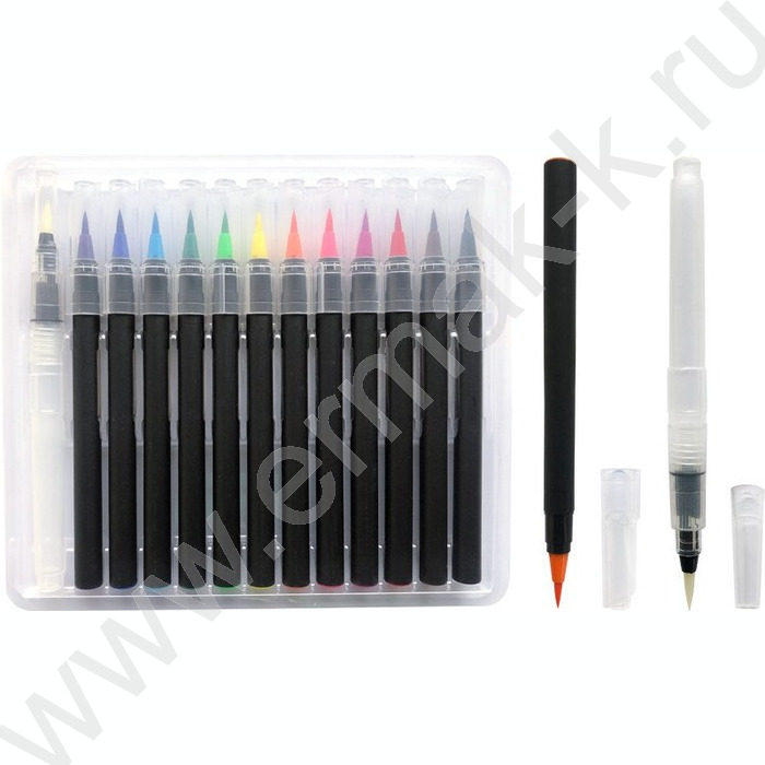 Маркер акварельный /набор  12цв + 1 кисть Water Brush/ наконечник-кисть из нейлона, 0,5мм ло 4мм | Фото 1