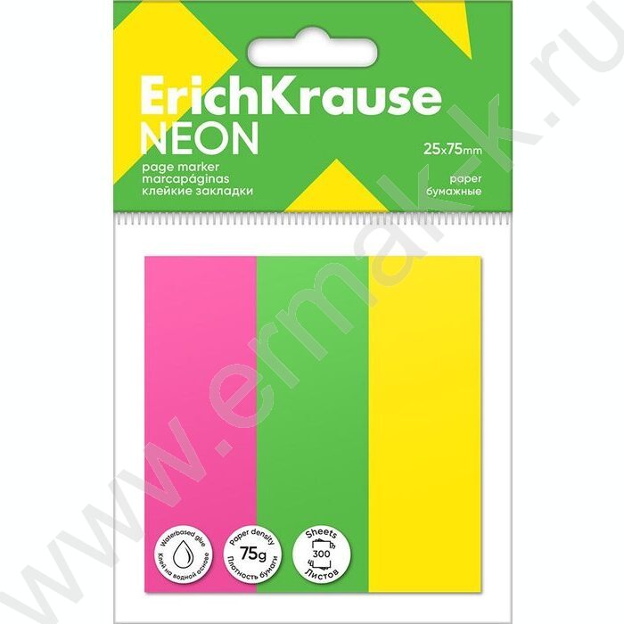 Клейкие закладки бумажные 25*75мм /300л  3цв "Neon" | Фото 1