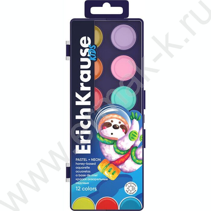 Акварель медовая 12цв  Kids Space Animals  Neon+Pastel с УФ защитой яркости, б/кисточки | Фото 1