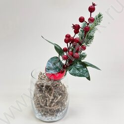 Новогодний сувенир "Ветка заснеженная с красной ягодой и шариком"  33см NEW | Фото 2