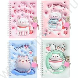 Блокнот  48л 15*11см спираль "Кошки" тв.обложка с рисунком 3D,замочек,блок-клетка ассорти | Фото 1
