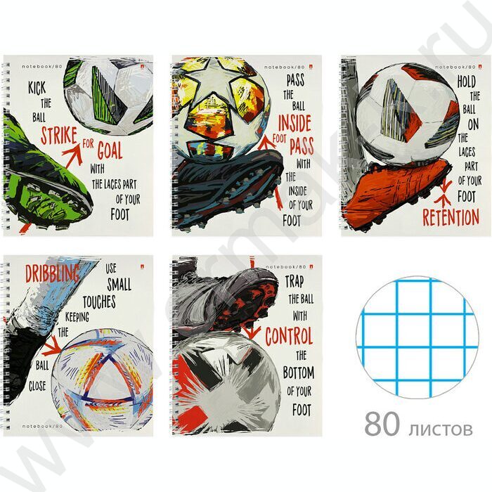Тетрадь  80л А5+ клетка/спираль "Football.Black and white" /глянец/ ассорти | Фото 1