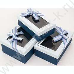 Коробка подарочная 3в1 прямоугольник с бантом, окном, синий 23x16x9,5 / 21х14х8 / 19х12х6,5см | Фото 2