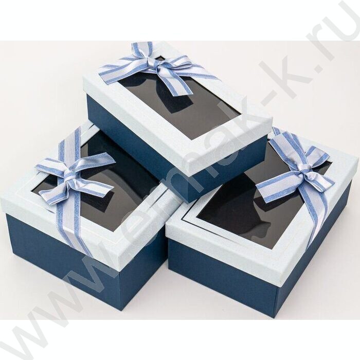 Коробка подарочная 3в1 прямоугольник с бантом, окном, синий 23x16x9,5 / 21х14х8 / 19х12х6,5см | Фото 2