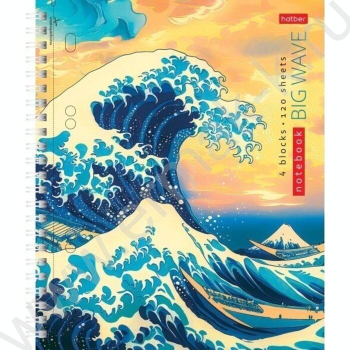 Тетрадь 120л клетка/спираль /3 цв. разделителя, перфорация на отрыв/тв.обл.Soft-touch "Big wave" | Фото 1