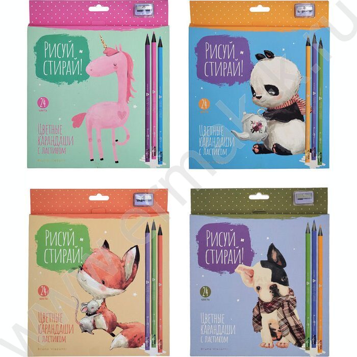 Карандаши пластиковые 24цв Рисуй и стирай с ластиком и точилкой 4вида | Фото 1