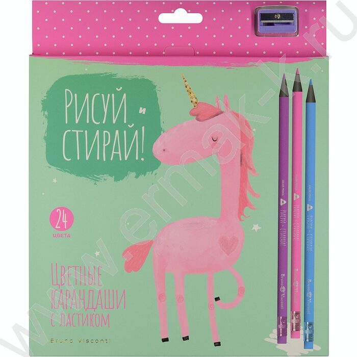 Карандаши пластиковые 24цв Рисуй и стирай с ластиком и точилкой 4вида | Фото 2