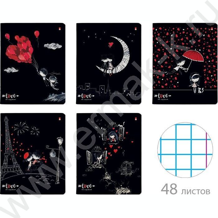 Тетрадь  48л клетка "Романтика.Black" /УФ- лак сплошной/ 5видов | Фото 1