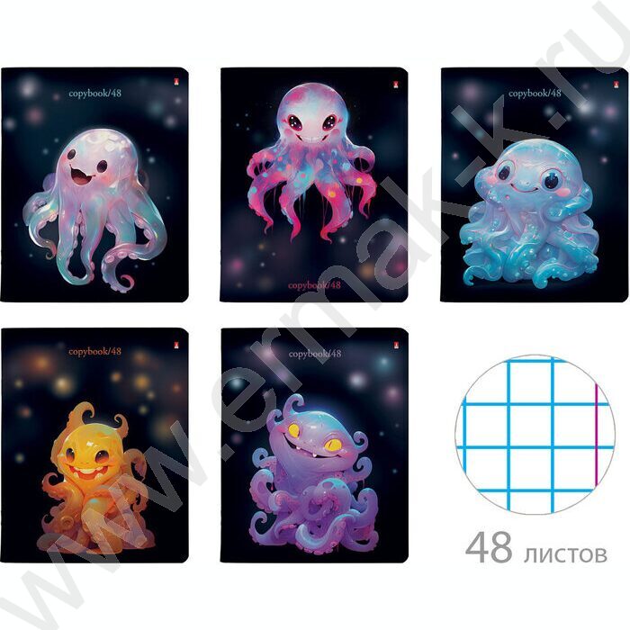 Тетрадь  48л клетка "Octopus party" /мат.лам./ 5видов | Фото 1