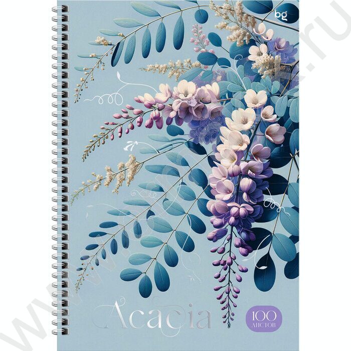 Тетрадь 100л А4 клетка/спираль/тв.обл./мат. лам./фольга "Цветы. Акация" | Фото 1