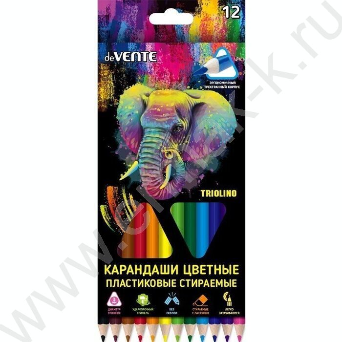 Карандаши пластиковые 12цв Triolino. Erase с ластиком /трёхгранные /2М, d грифеля-3мм /кар.кор | Фото 1