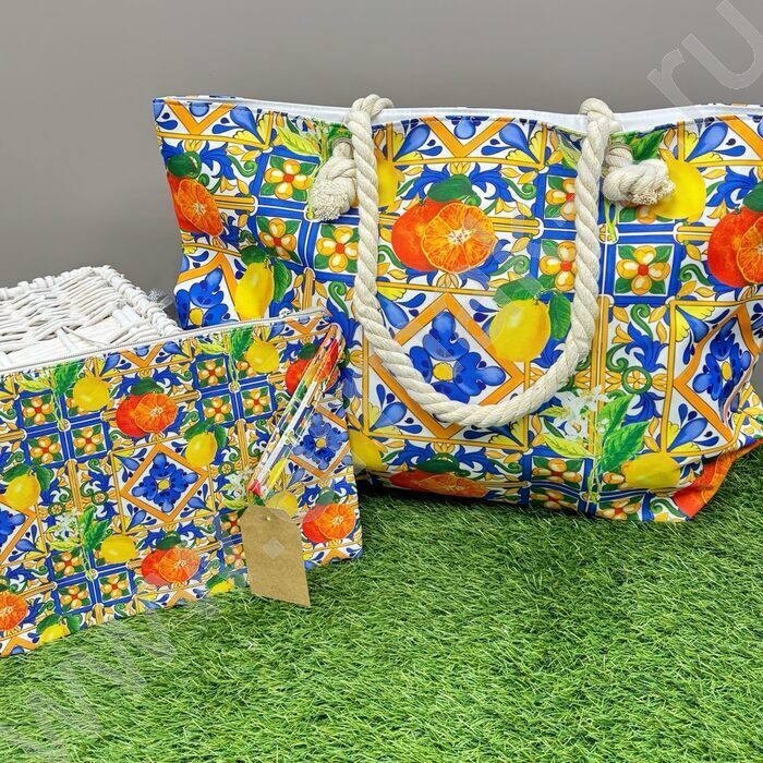 Сумка пляжная шопер 57*37см. "Цитрусы" /ручки - канат + косметичка 29*21см. | Фото 3