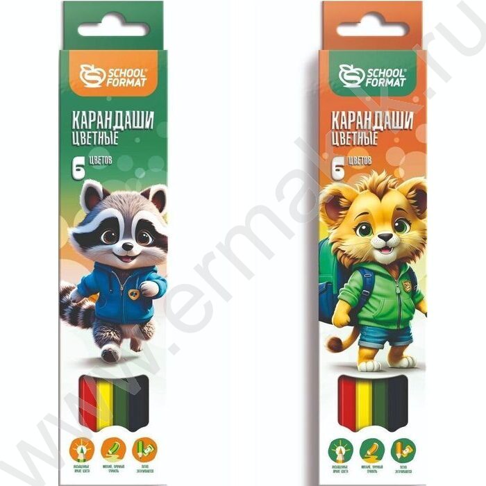 Карандаши   6цв Яркие зверята /шестигранные /корп. дерев. /карт. коробка, европодвес | Фото 1