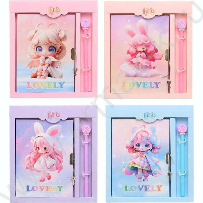 Блокнот  48л 13*17,5см "Девочка LOVELY" цветная тв.обл. /ассорти/,блок-клетка.+замочек+шар. ручк | Фото 3