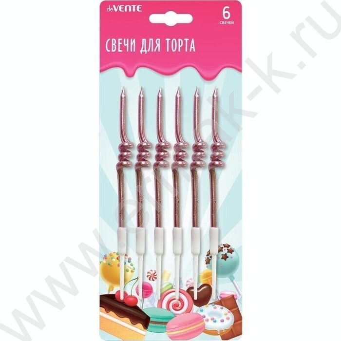 Набор свечей для торта "Pink Metallic Wave" 6 свечек 6,5*0,5см+6 держателей, розовый металлик NEW | Фото 1