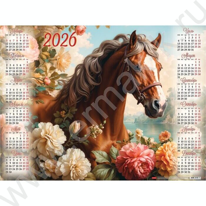 Календарь настенный листовой А2 60*45см 2026г "Год Лошади" /с укрупненной сеткой | Фото 1