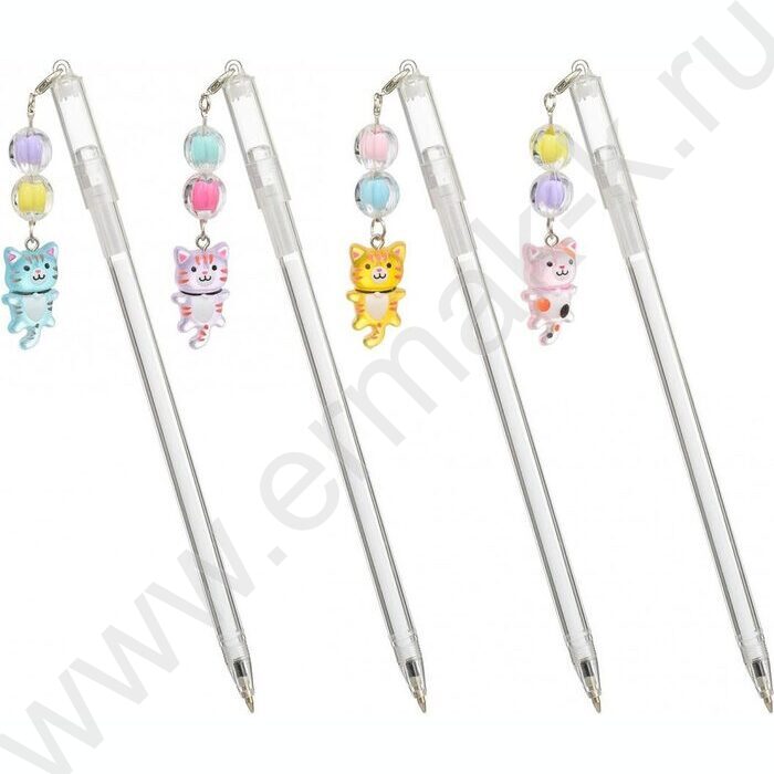Ручка шар синяя Котята/прозрачный пластиковый корпус, колпачок со съёмным брелоком-бусинки с фиг | Фото 1