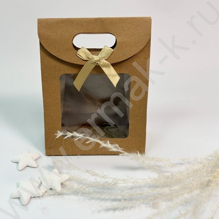 Пакет крафт с окном на липучке с бантиком 16*12*6см. /230гр. | Фото 4