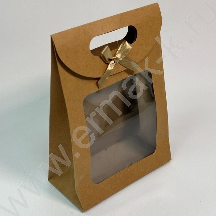 Пакет крафт с окном на липучке с бантиком 20*15*7см. /230гр. | Фото 2