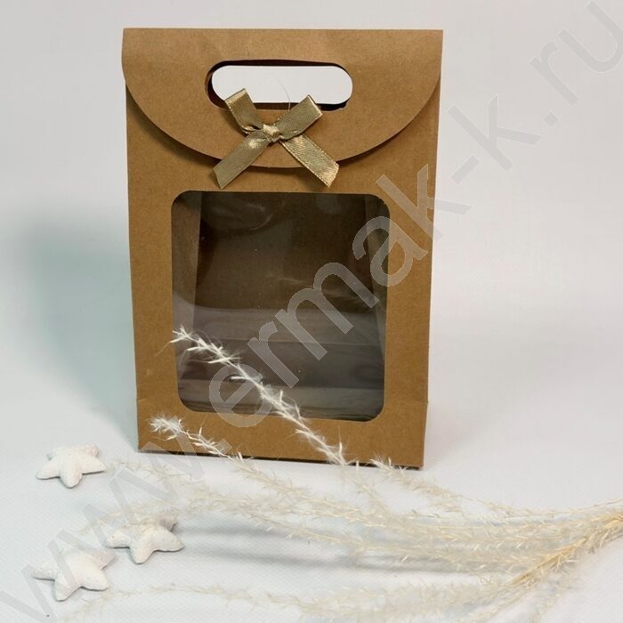 Пакет крафт с окном на липучке с бантиком 20*15*7см. /230гр. | Фото 4