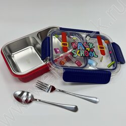 Ланч-бокс из нерж. стали с 2 отдел. + мет. ложка и вилка /750мл, ассорти 3вида NEW | Фото 3