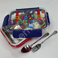 Ланч-бокс из нерж. стали с 2 отдел. + мет. ложка и вилка /750мл, ассорти 3вида NEW | Фото 4