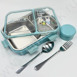 Ланч-бокс из нерж. стали с 2 отдел. + мет. приборы /800мл, ассорти 3вида NEW | Фото 3