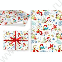Бумага упаковочная крафт белый 100*70см 78гр/м2 Снеговики с подарками NEW | Фото 1