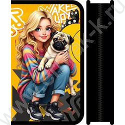 Пенал б/наполн. 1молния 205*115мм МАХ Девушка с мопсом /большой NEW | Фото 1