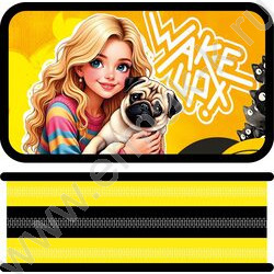 Пенал б/наполн. 3молнии 190*105мм Девушка с мопсом /большой, тканевый торец NEW | Фото 1