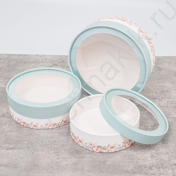 Коробка подарочная 3в1 шайба с окошком, завальц.край, Бирюза H7хD21 / H6хD18 / H5хD16см | Фото 3