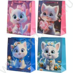 Пакет подарочный бумажный 18*23*10см Котята /объёмная аппликация с блёстками /ассорти/ NEW | Фото 1
