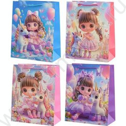 Пакет подарочный бумажный 31*41*12см Девочка с единорогом /объёмная аппликация с голографическим NEW | Фото 1