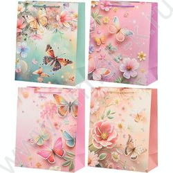 Пакет подарочный бумажный 26*32*12см Цветы бабочки /объёмная аппликация с голографическим тиснен NEW | Фото 1