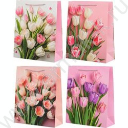 Пакет подарочный бумажный 26*10*32см Тюльпаны /с элементами серебристого тиснения /ассорти NEW | Фото 1